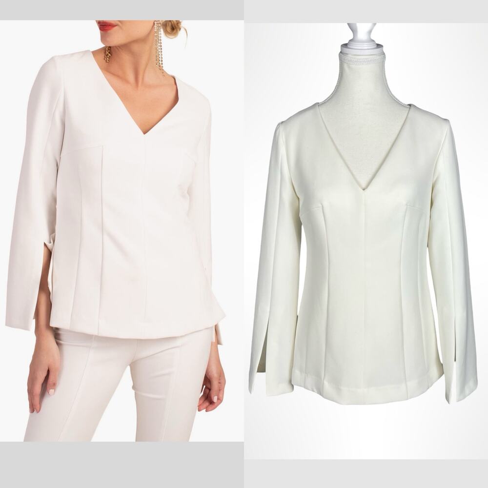 TRINA TURK Ivory V Neck Long Sleeve Split Cuff Top Size 0